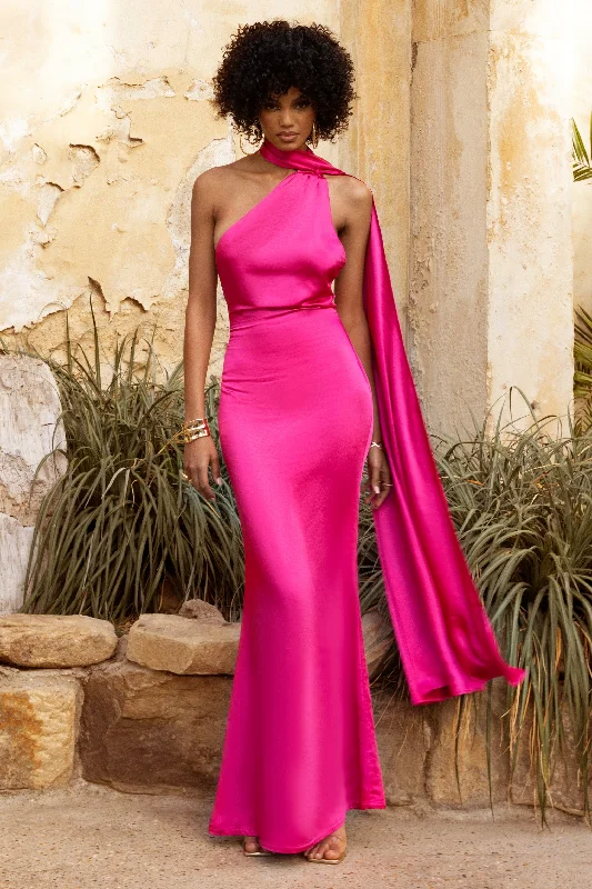 Light-Satin Maxi Dresses -Mademoiselle | Hot Pink Asymmetric Scarf Neck Backless Maxi Dress