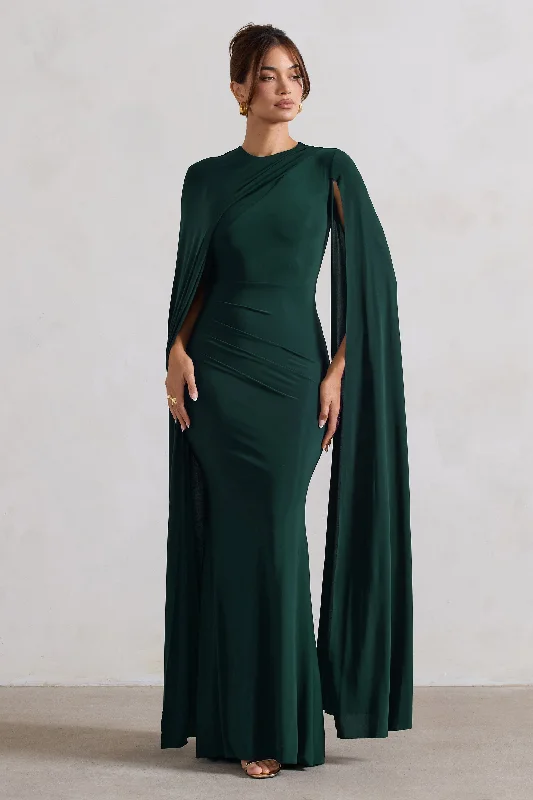 Suede Maxi Dresses -Magdelena | Bottle Green Asymmetric Cape Maxi Dress