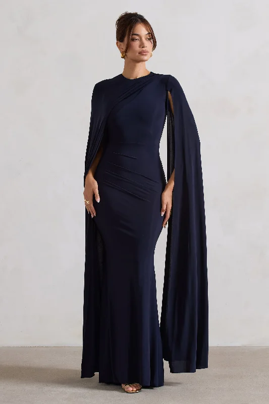 Luxe-Velvet Maxi Dresses -Magdelena | Navy Asymmetric Cape Maxi Dress