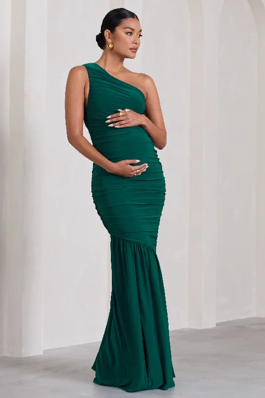 Maxi Dresses for Dance Parties -Make My Day | Bottle Green One-Shoulder Ruched Split Maternity Maxi Dress