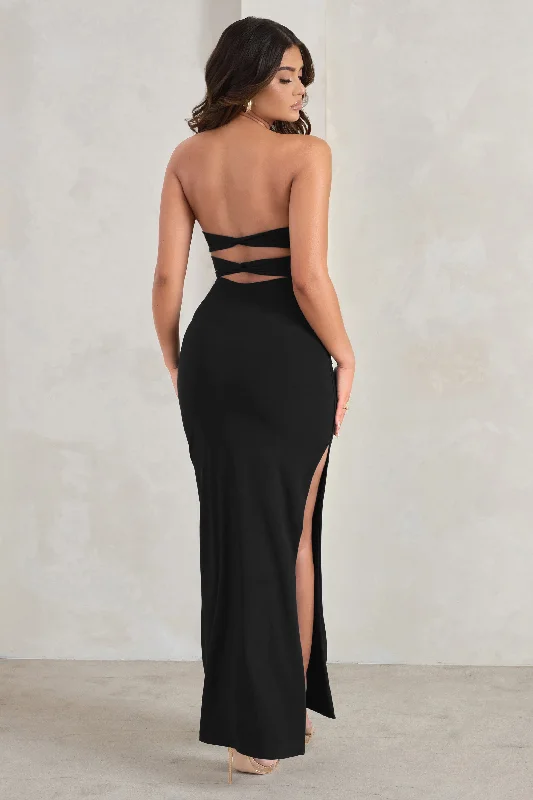 Maxi Dresses for Fun Dates -Manon | Black Sweetheart Bandeau Maxi Dress With Thigh Split