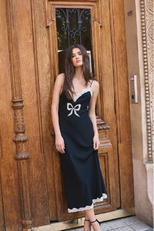 Cross-Back Maxi Dresses -Manuela Bow Slip Maxi Dress - BLACK