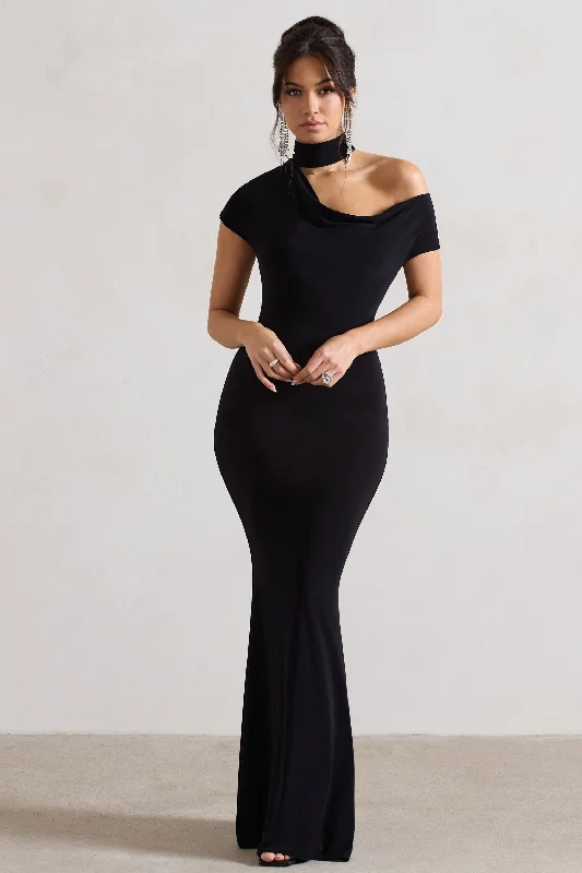 Tie-Edge Maxi Dresses -Margaux | Black One-Shoulder Maxi Dress With Halter-Collar