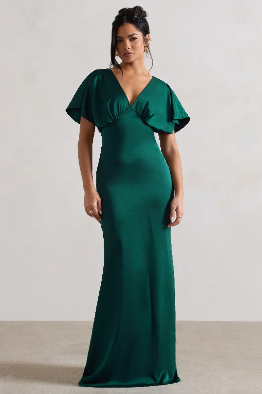 Ruffle-Hemline Maxi Dresses -Marisa | Dark Green Satin V-Neck Flutter-Sleeve Maxi Dress