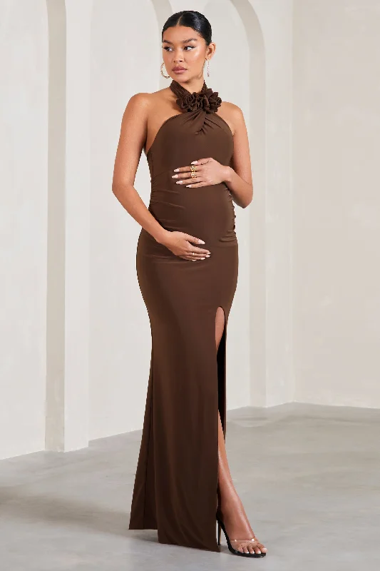 Fine-Velvet Maxi Dresses -Marissa | Chocolate Brown Halter-Neck Split Maternity Maxi Dress With Flowers