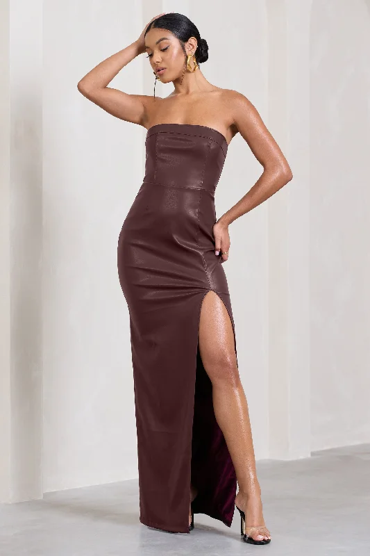 Maxi Dresses for Casual Dinners -Marlene | Burgundy Faux Leather Strapless Bandeau Split Maxi Dress