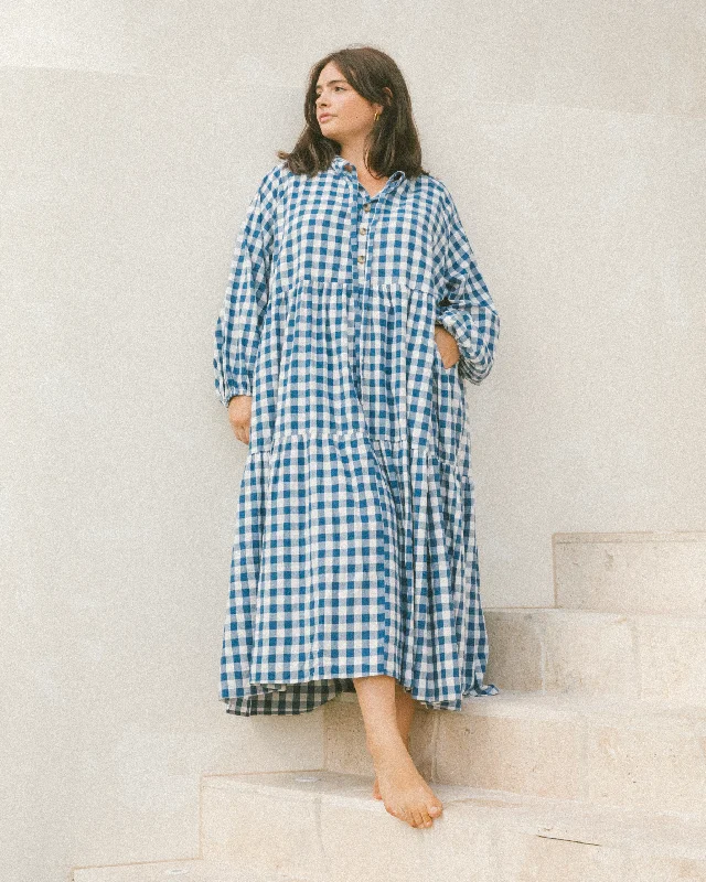 Wild-Print Maxi Dresses -Maxi Avalon Smock Dress | Blue Gingham