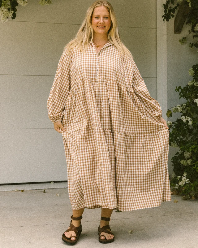 Thin-Cotton Maxi Dresses -Maxi Avalon Smock Dress | Caramel Gingham