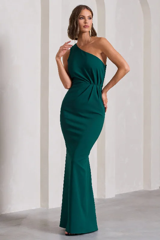 Scoop-Back Maxi Dresses -Michelle | Bottle Green One-Shoulder Gathered Maxi Dress