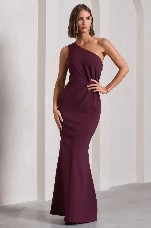 Side-Chill Maxi Dresses -Michelle | Burgundy One-Shoulder Gathered Maxi Dress