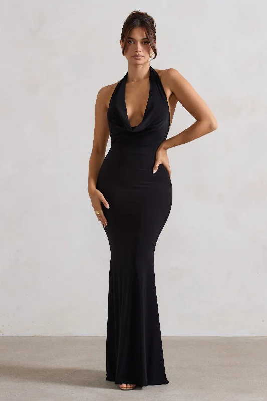 Bell-Sleeve Maxi Dresses -Milani | Black Backless Cowl Neck Fishtail Maxi Dress