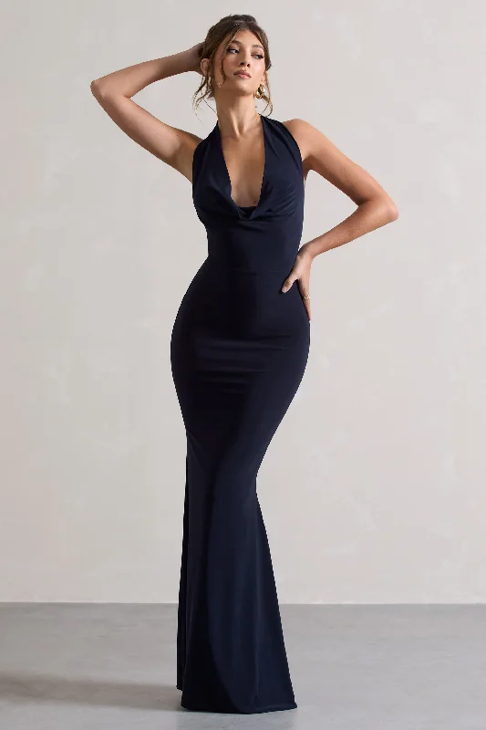 Ruffle-Neck Maxi Dresses -Milani | Navy Backless Cowl Neck Fishtail Maxi Dress