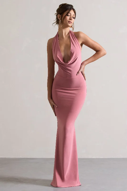 Puff-Sleeve Maxi Dresses -Milani | Pink Backless Cowl Neck Fishtail Maxi Dress