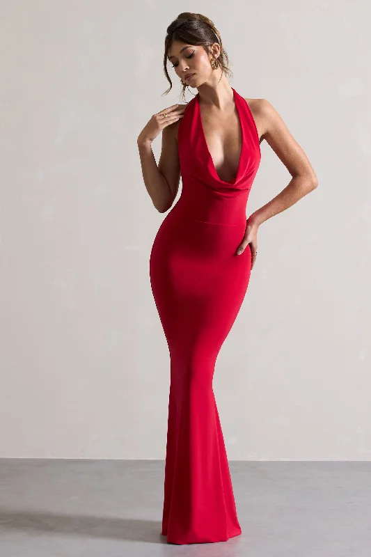 Smocked-Bodice Maxi Dresses -Milani | Red Backless Cowl Neck Fishtail Maxi Dress