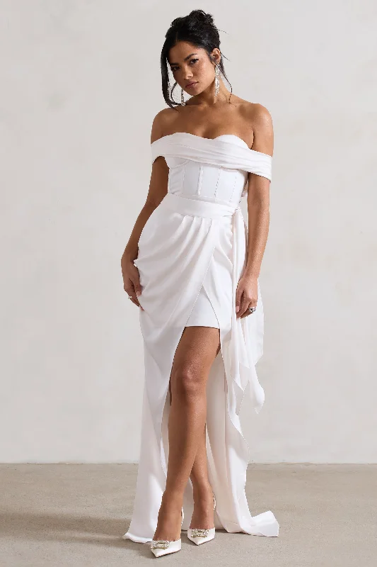 Maxi Dresses for Reunion Parties -Milano | Cream Satin Bardot Maxi Dress With Detachable Skirt