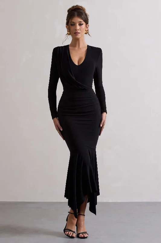 Maxi Dresses for Daytime -Milena | Black Plunge-Neck Maxi Dress With Draped Hem