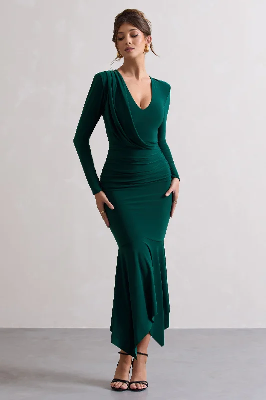 Red Maxi Dresses for Holiday -Milena | Bottle Green Plunge-Neck Maxi Dress With Draped Hem