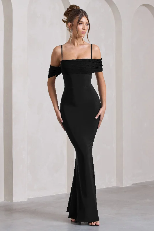 Maxi Dresses for Wine Parties -Miracle | Black Strappy Mesh Bardot Maxi Dress