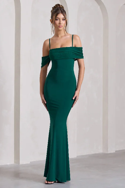 Maxi Dresses for Day Events -Miracle | Bottle Green Strappy Mesh Bardot Maxi Dress