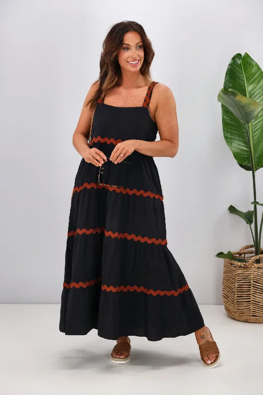 Plush-Silk Maxi Dresses -Miracle Linen Ric Rac Tiered Maxi Dress Black Tan