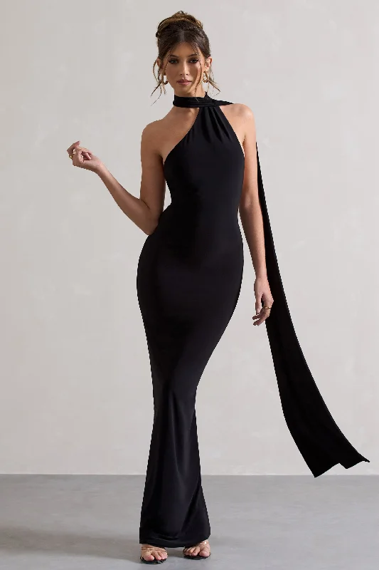 One-Shoulder Maxi Dresses -Miss | Black One Shoulder Backless Maxi Dress With Scarf