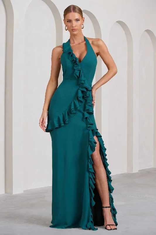 Blue Maxi Dresses for Evening -Morning | Bottle Green Ruffled Halter-Neck Split Maxi Dress