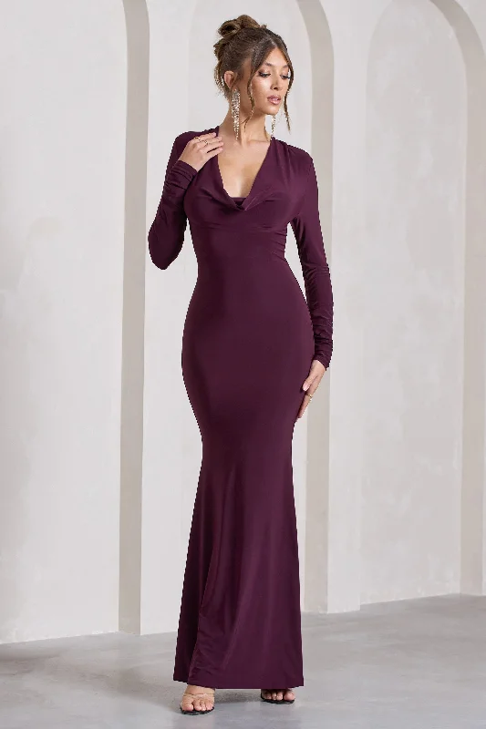 Plush-Cotton Maxi Dresses -My Attention | Plum Plunge Cowl-Neck Long-Sleeve Maxi Dress