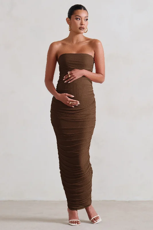 Wild-Print Maxi Dresses -My Lady | Maternity Chocolate Brown Strapless Bodycon Ruched Mesh Maxi Dress