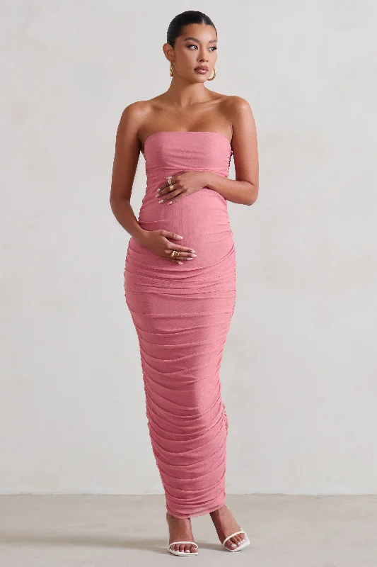 Small-Print Maxi Dresses -My Lady | Maternity Blush Pink Strapless Bodycon Ruched Mesh Maxi Dress