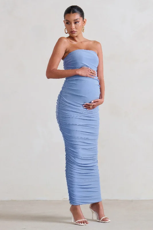 Rich-Velvet Maxi Dresses -My Lady | Maternity Powder Blue Strapless Bodycon Ruched Mesh Maxi Dress