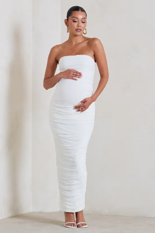 Glossy-Satin Maxi Dresses -My Lady | Maternity White Strapless Bodycon Ruched Mesh Maxi Dress