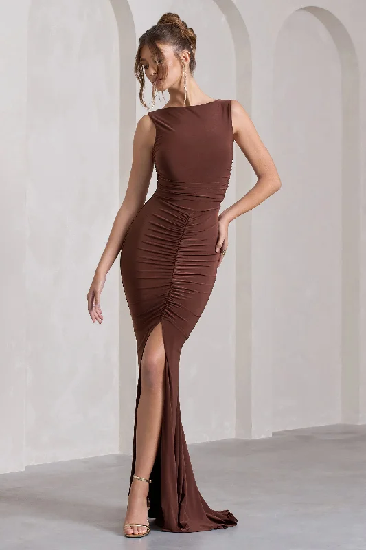 Cute-Silk Maxi Dresses -My Presence | Chocolate Brown Low-Back Fishtail Split Maxi Dress