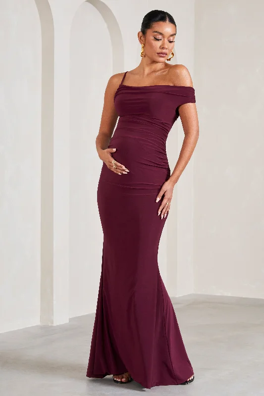 Scalloped-Edge Maxi Dresses -My Wish | Burgundy Strappy Asymmetric Maternity Maxi Dress