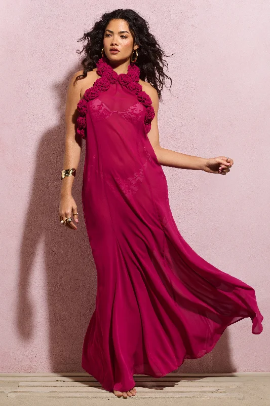 Paisley Maxi Dresses -Naelya | Dark Pink Chiffon Halter-Neck Maxi Dress With Corsages