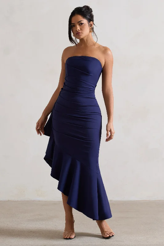 Maxi Dresses for Holiday Events -New Age | Navy Strapless Asymmetric Ruffled Maxi Dress