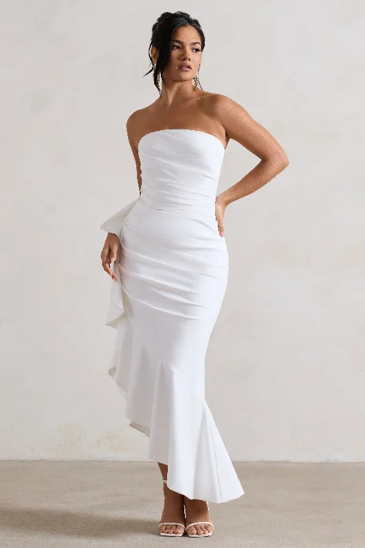 Cotton Maxi Dresses -New Age | White Strapless Asymmetric Ruffled Maxi Dress