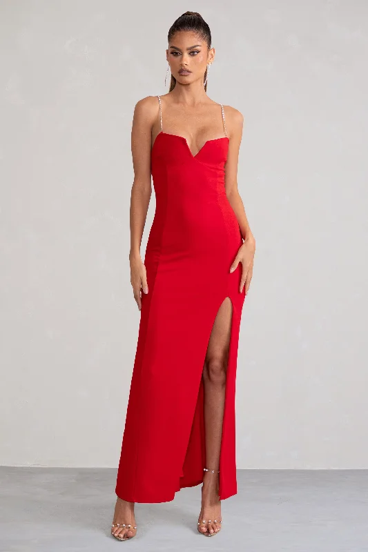 Retro-Silk Maxi Dresses -Notes To Self | Red Square Neck Thigh Split Maxi Dress