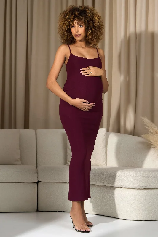 Light-Denim Maxi Dresses -Oakley | Burgundy Strappy Square-Neck Split Maternity Maxi Dress