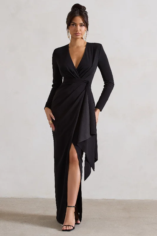 Knotted Maxi Dresses -Odetta | Black Plunge-Neck Wrap Maxi Dress With Tie Waist