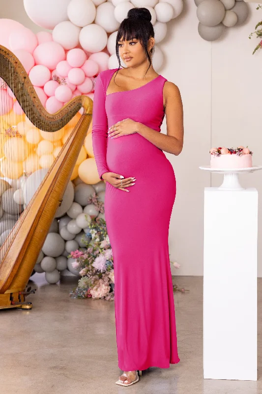 V-Back Maxi Dresses -Oh Baby | Hot Pink Maternity One Shoulder Bodycon Maxi Dress