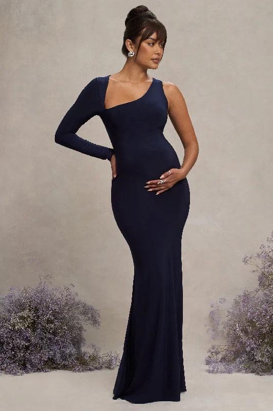 Flounce-Hem Maxi Dresses -Oh Baby | Navy Maternity One Shoulder Bodycon Maxi Dress