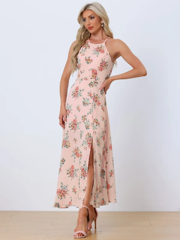 Maxi Dresses for Spring Fun -Sleeveless Floral Round Neck Slit Hem Summer Long Maxi Dress Sundress