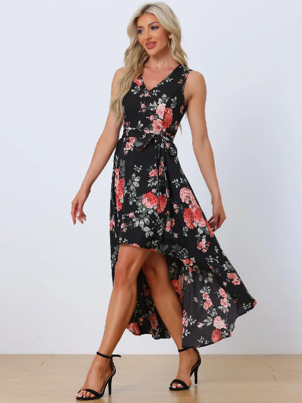 Maxi Dresses for Pool Chill -V Neck Floral Print Belt Sleeveless High Low Hem Long Maxi Dress Sundress