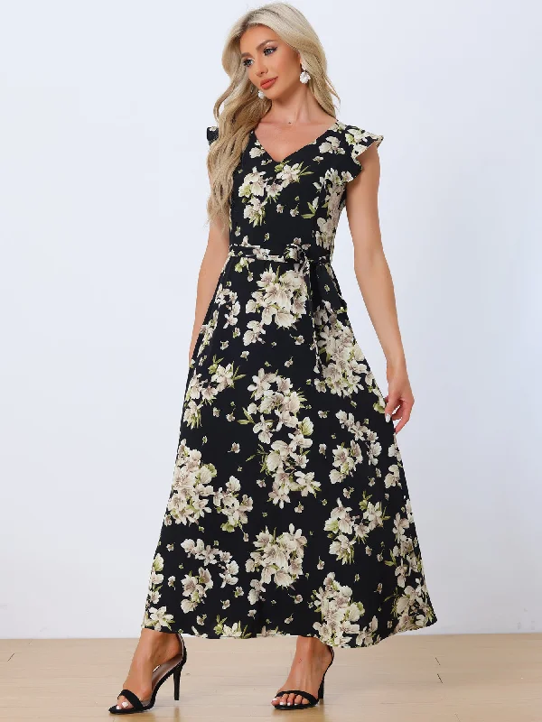 Maxi Dresses for Dance Edge -Floral V-Neck Ruffled Flare Sleeves Belted Vacation Maxi Dress Sundress