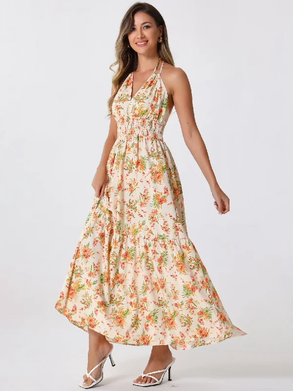 Maxi Dresses for Short Chill -Halter Neck Boho Sleeveless Elastic Waist Backless Floral Sundress Maxi Dress