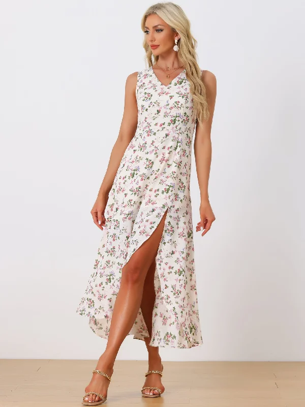 Maxi Dresses for Fun Dates -Floral Print Summer High Low Side Slit Sleeveless Maxi Dress