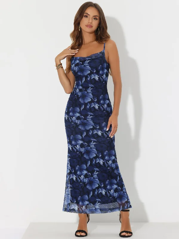 Maxi Dresses for Fun Chill -Spaghetti Strap Mesh Floral Sleeveless Bodycon Cocktail Maxi Dress Sundress