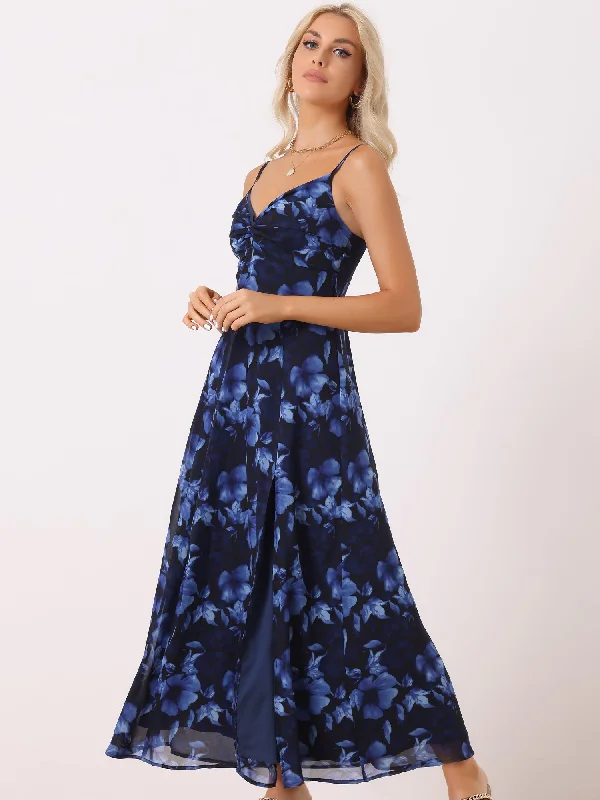 Maxi Dresses for Lunch Chill -Spaghetti Strap Floral Smock Slit Elegant Maxi Dress Sundress