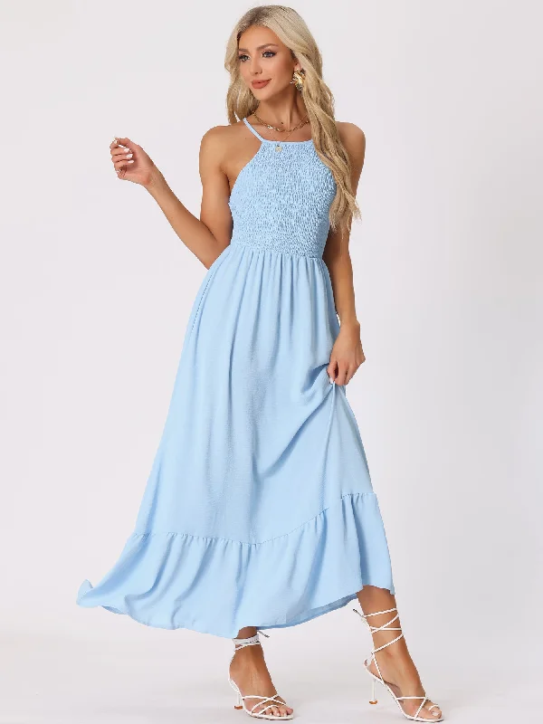 Maxi Dresses for Club Fun -Smocked Backless Sleeveless Solid Lace-Up Summer Maxi Dress Sundress