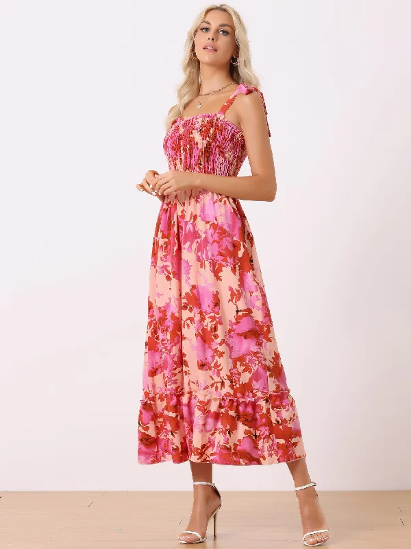 Maxi Dresses for Wine Chill -Tie Straps Sleeveless Smocked Square Neck Floral Maxi Dress Sundress